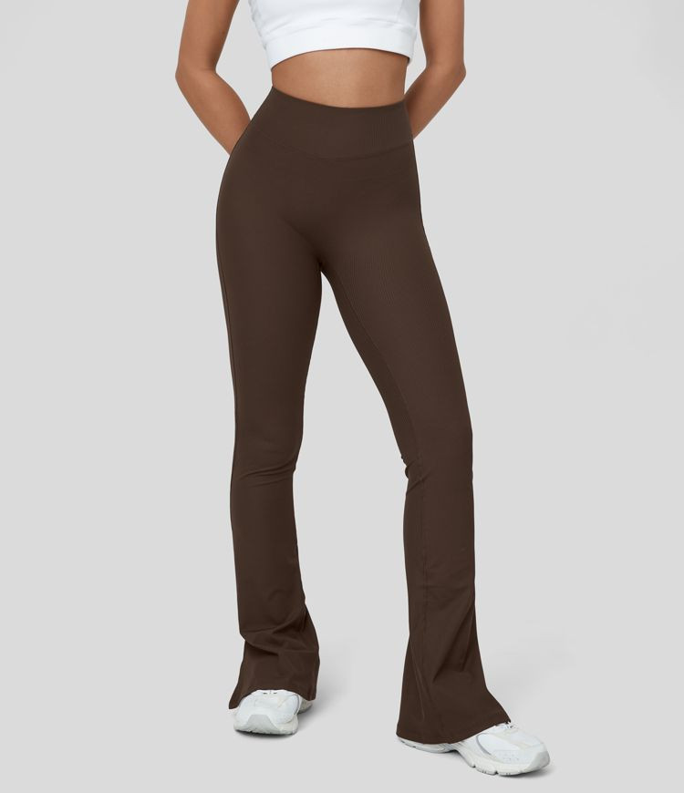 Ribbed High Waisted Split Flared Yoga Full Length Leggings | HALARA