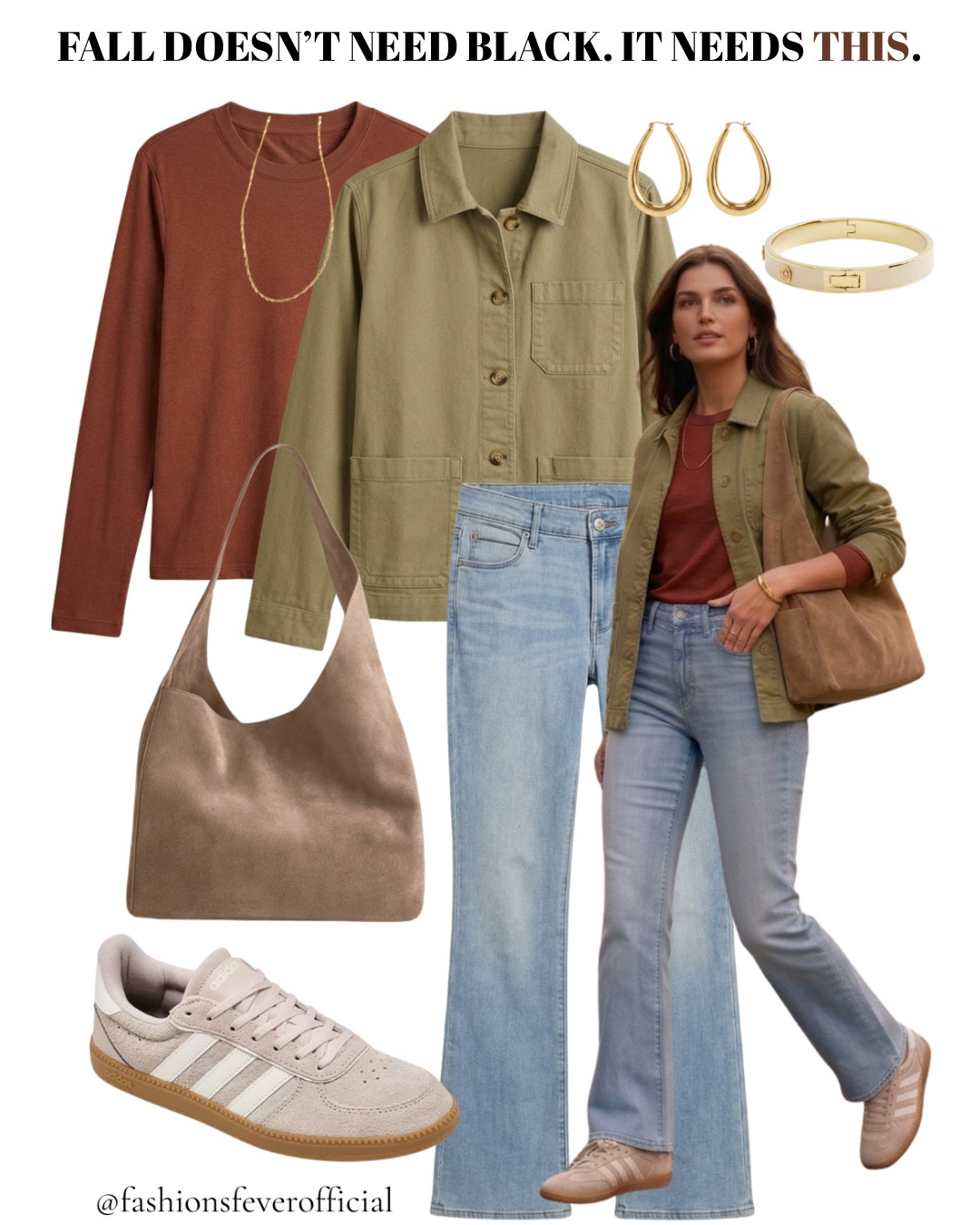 Fall doesn’t need black. It needs this.

Rust, olive, and light wash — the color combo nobody expects to work until they see it together. This is the kind of outfit that looks pulled together in under two minutes, no overthinking required.

The jacket alone is doing half the work here.

Save this for the next “what do I wear” morning 🍂

#falloutfit #falloutfitinspo #falloutfits #fallfashion #falloutfitideas #tonalstyling #elevatedcasual #casualchic #quietluxury #americanstyle #utilityjacket #bootcutjeans #adidassamba #suedebag #goldjewelry #ltkfall

#LTKSeasonal