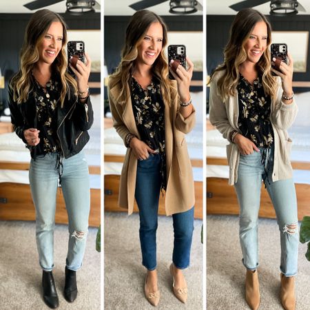 Fall Capsule Wardrobe 

Blouse - xs 
Light wash jeans - 26 long 
Linking a similar moto jacket (same brand as mine and I wear a medium) 
Dark wash jeans - 26 long 
Sweater blazer (small) 
Cream cardigan (small) 
All shoes are tts and I’m linking similar black boots 

#LTKunder100 #LTKstyletip #LTKFind
