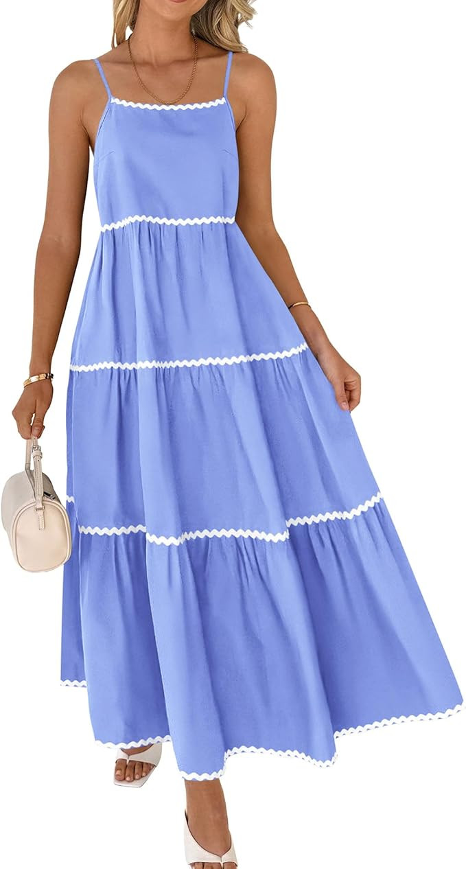 BTFBM Boho Summer Dresses 2024 Vacation Spaghetti Strap Backless RIC Rac Trim Tiered A-Line Long ... | Amazon (US)