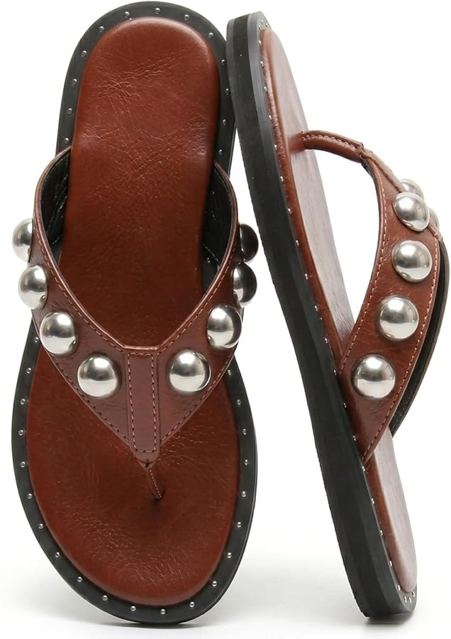 Riekhany Studded Thong Sandals for Women Round Clip Toe Slip On Flip Flops Slides Comfortable Con... | Amazon (US)