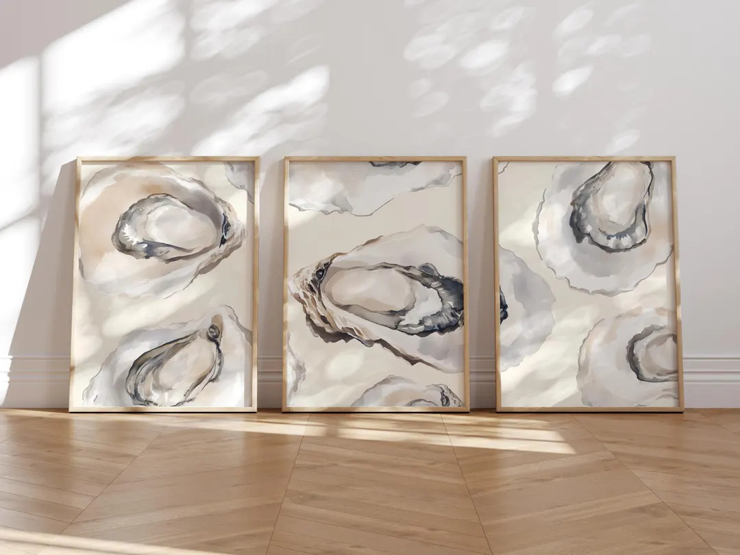 Oyster Water Color Wall Art 3 Piece, Shell Painting Decor, Muted Colors Coastal Beach House Decor... | Etsy (US)