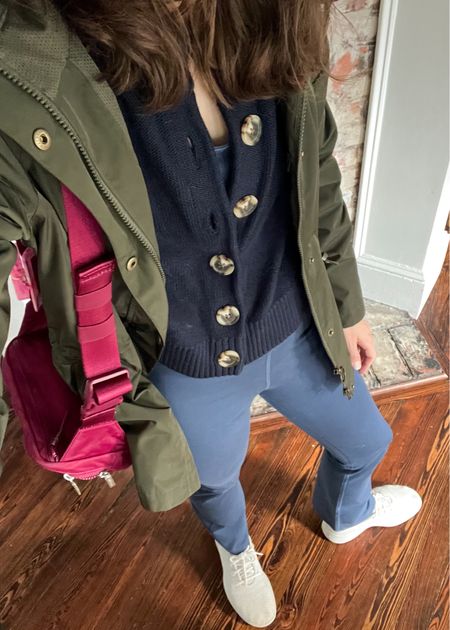 Navy cropped flare leggings paired with a cotton cardigan & sneakers for a rainy day  

#LTKhome #LTKfindsunder50 #LTKSeasonal