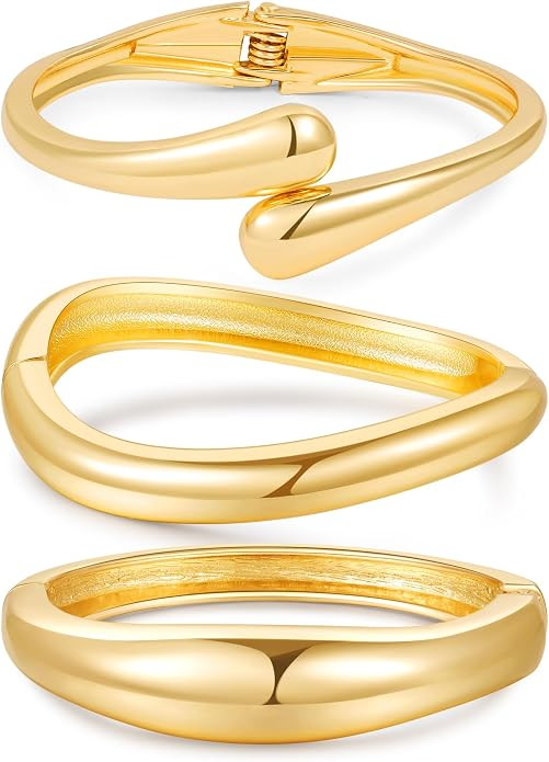 3Pcs Gold Bangles Bracelets for Women,14K Gold Plated Hinged Opened Chunky Thick Gold Bracelet St... | Amazon (US)
