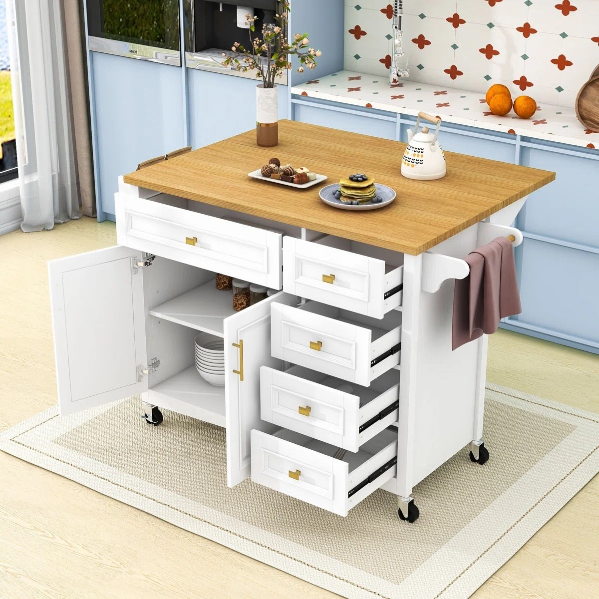 Kitchen Island with Drop Leaf, Embossed Texture Kitchen Island on Wheels with 2 Doors and 5 Drawers

#LTKmomlife #LTKselfcare #LTKmorningroutine