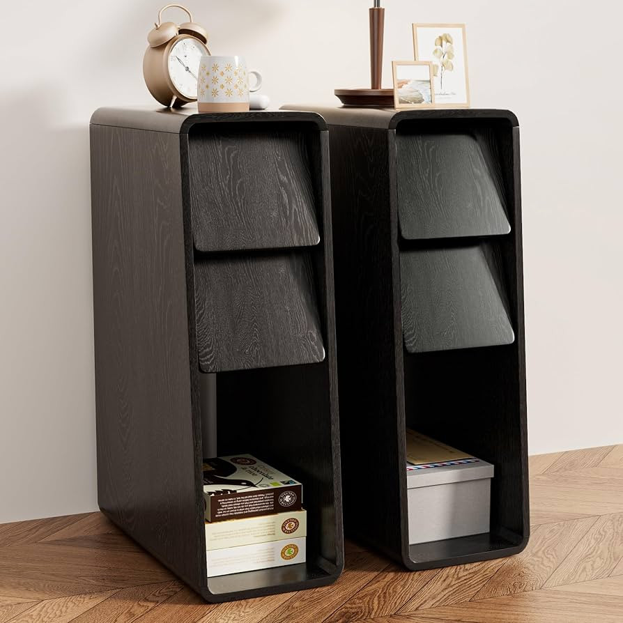 Black Nightstand Set of 2, Narrow Night Stand with Drawers, Small Bedside Table, Skinny Bed Side ... | Amazon (US)