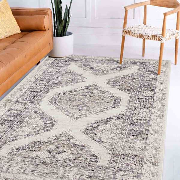 (B829) Grey & White Floral Washable Area Rug, 5x7 | At Home