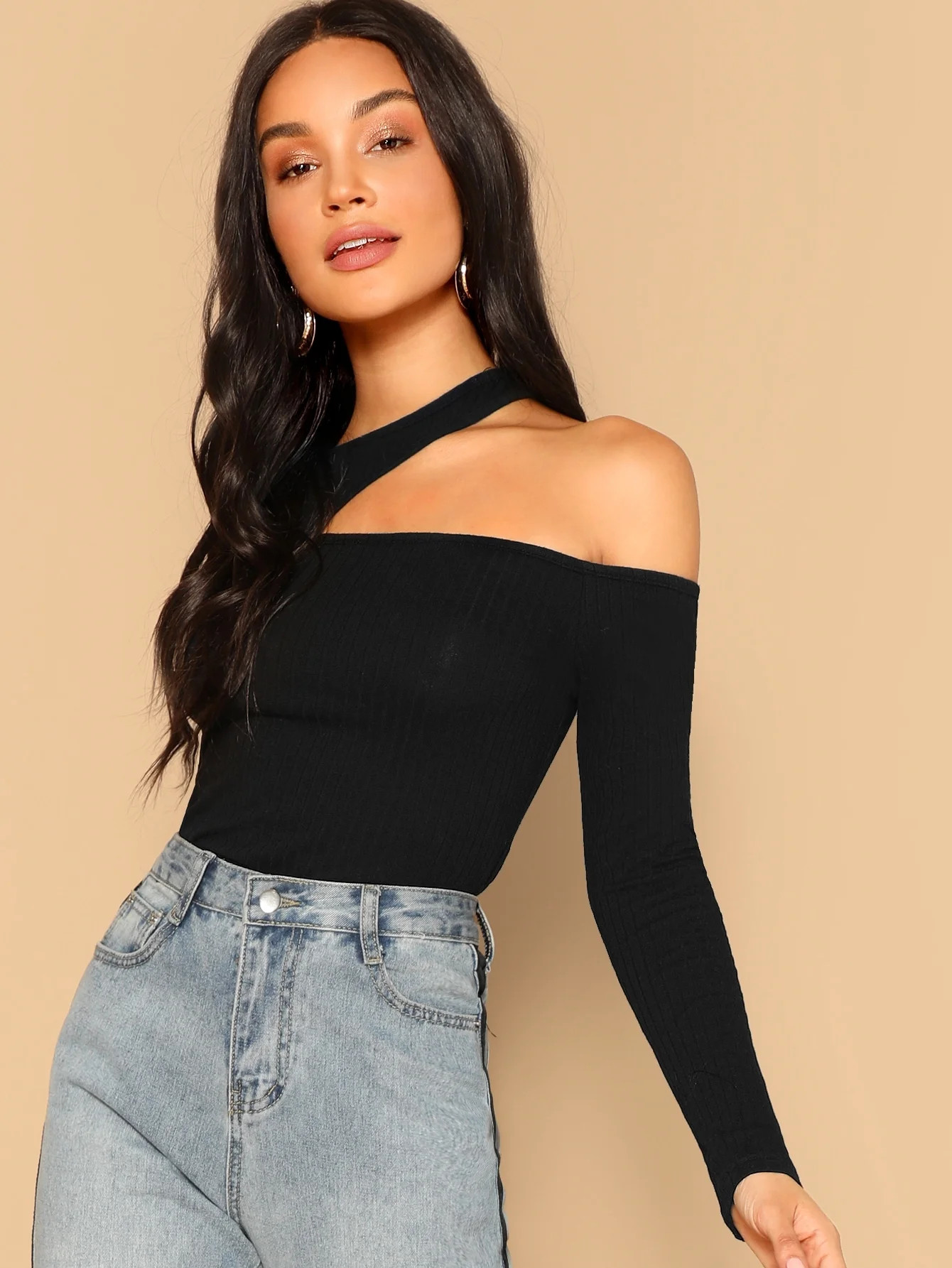 Sexy Women's Ribbed Cutout Asymmetrical Neck Top Black L(8/10) S043X - Walmart.com | Walmart (US)