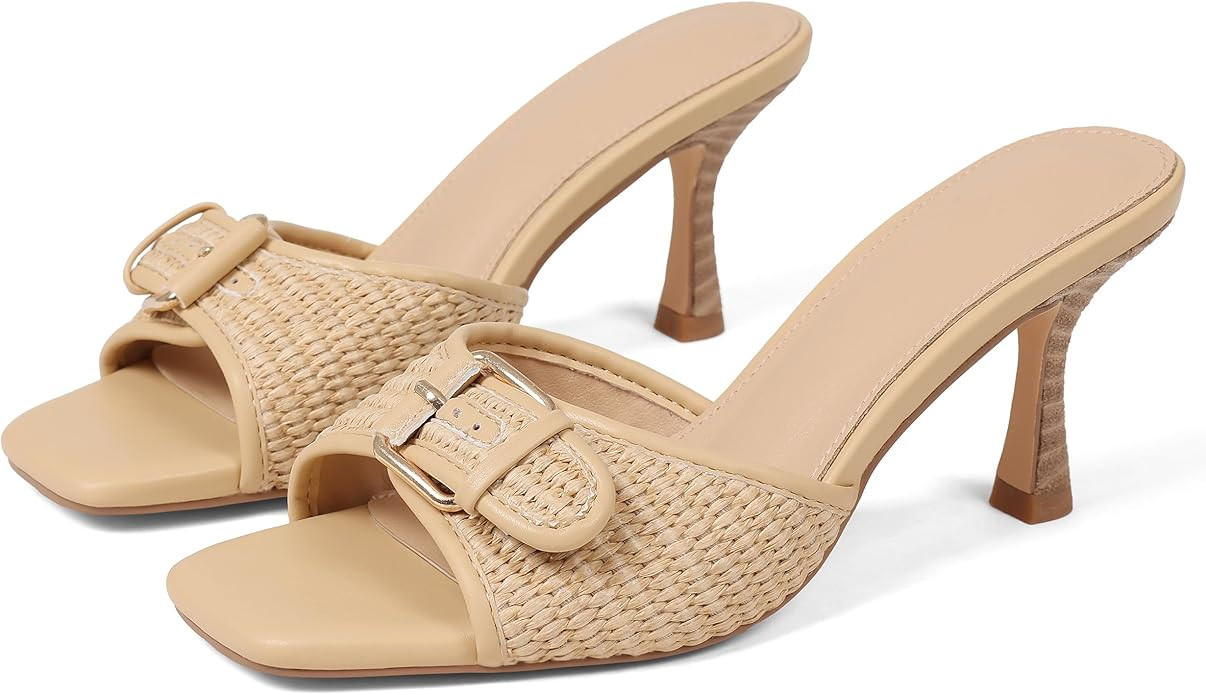 Goiphrri Kitten Heels for Women Heeled Sandals with Buckle Strap Sandal Open Toe Heels Slip On Su... | Amazon (US)