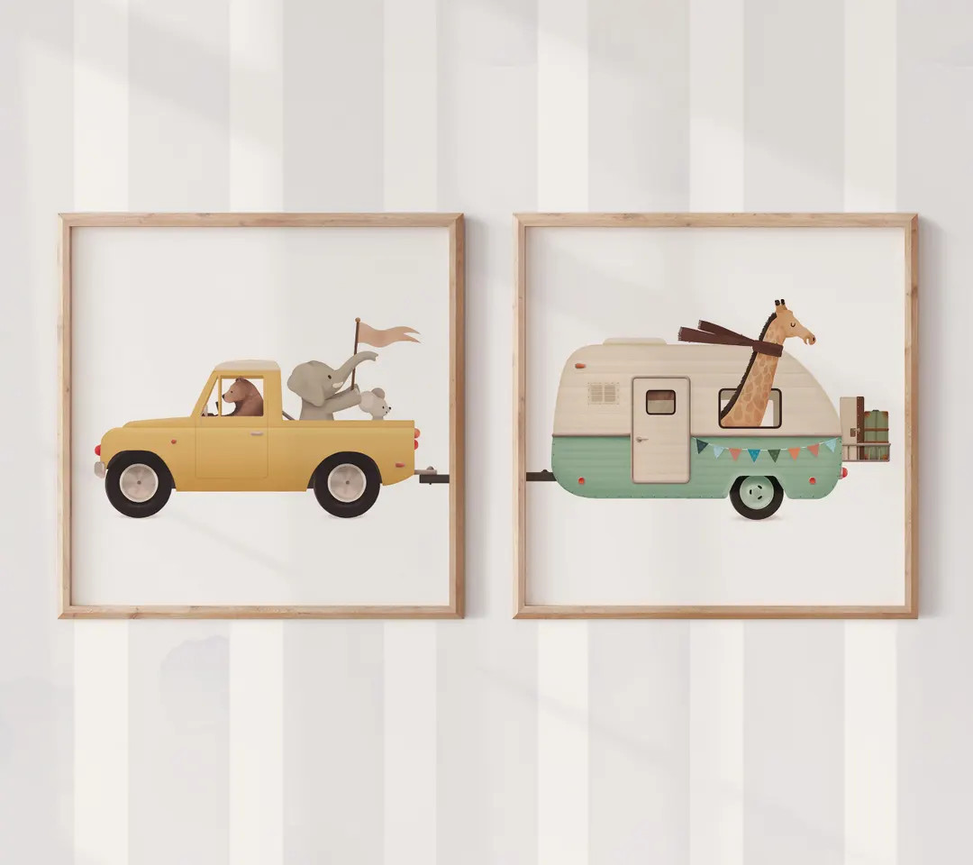 Camper Truck Animal Nursery Print – Giraffe & Bear Wall Decor for Baby Room and Playroom | Etsy (US)