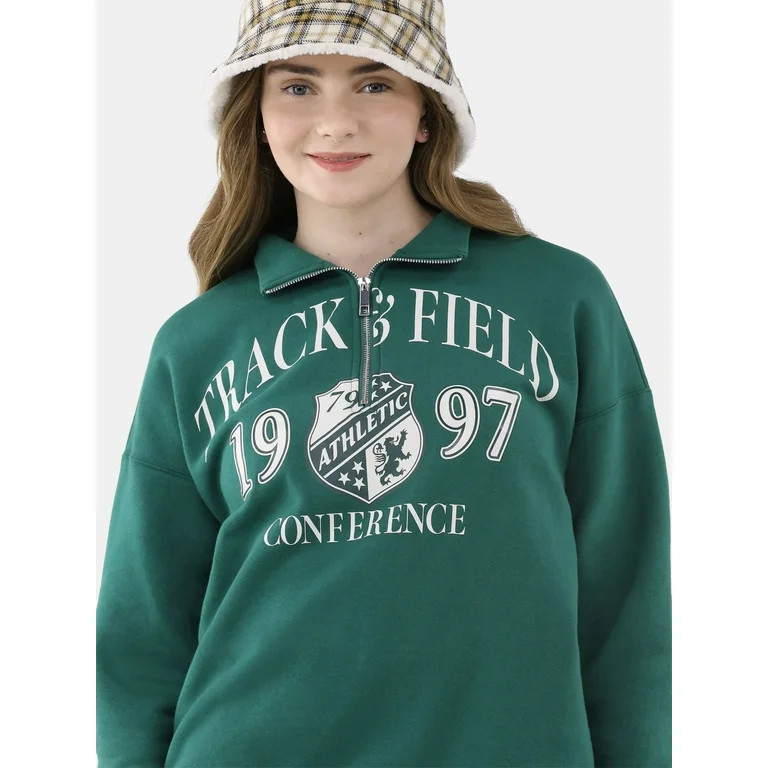 No Boundaries Quarter Zip Graphic Pullover Sweatshirt, Women's and Women's Plus | Walmart (US)