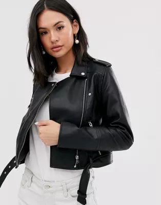 Pull&Bear faux leather biker jacket in black | ASOS US