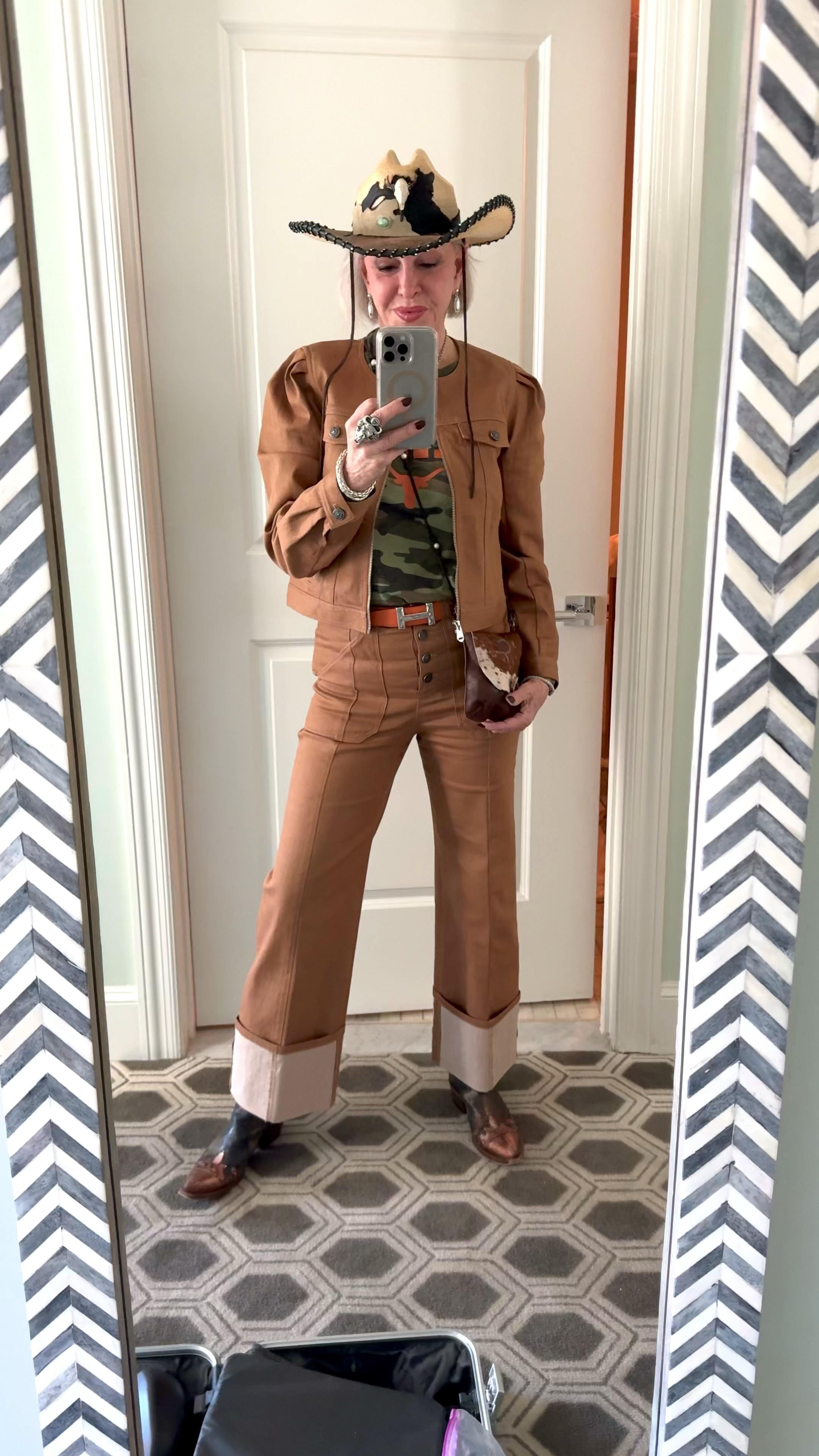 Cinq a Sept Dalia crop jacket and cuffed Benji pant. 
Lucchese cowboy boot
Cowboy hat 

#LTKStyleTip #LTKSeasonal #LTKSaleAlert