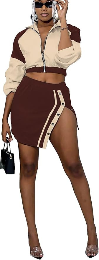 CALEBGAR Womens 2 Piece Outfits Sexy Long Sleeve Zip Varsity Jacket Patchwork Mini Skirts | Amazon (US)