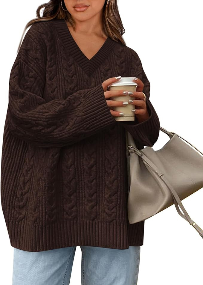Okiwam Women's Oversized Sweaters Fall 2025 Long Sleeve V Neck Cable Knit Pullover Tops Chunky Tr... | Amazon (US)