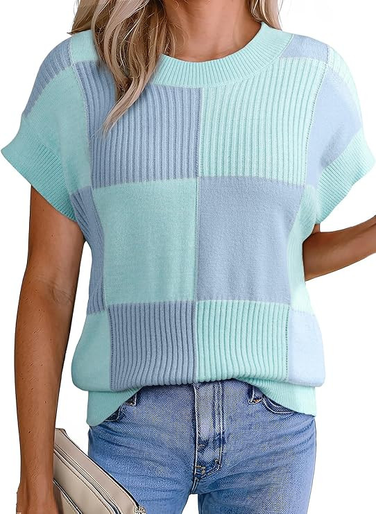 EVALESS Short Sleeve Sweater for Women Color Block Checkered Knit Tank Top | Womens Sweaters Vest... | Amazon (US)