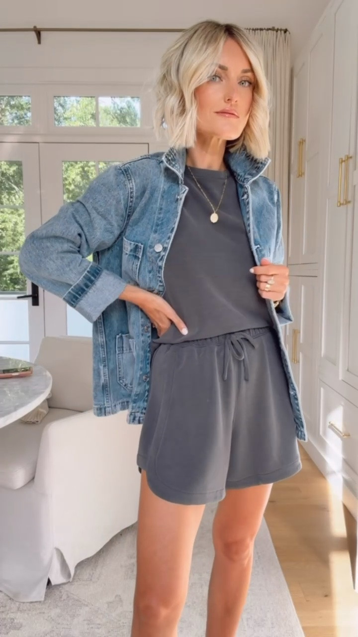 Love the oversized fit of this denim jacket from @Quince ! It’s such a good quality piece for a great price! Wearing XS in jacket/top & S in shorts!

Loverly Grey, Spanx set, matching set, loungewear, denim jacket, lounge set, travel outfit, light layers, fall layers

#LTKSeasonal #LTKTravel