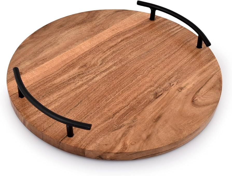 NIRMAN Serving Tray Round Wood Serving Tray with Iron Handles Display for Vintage Home Decor, Far... | Amazon (US)