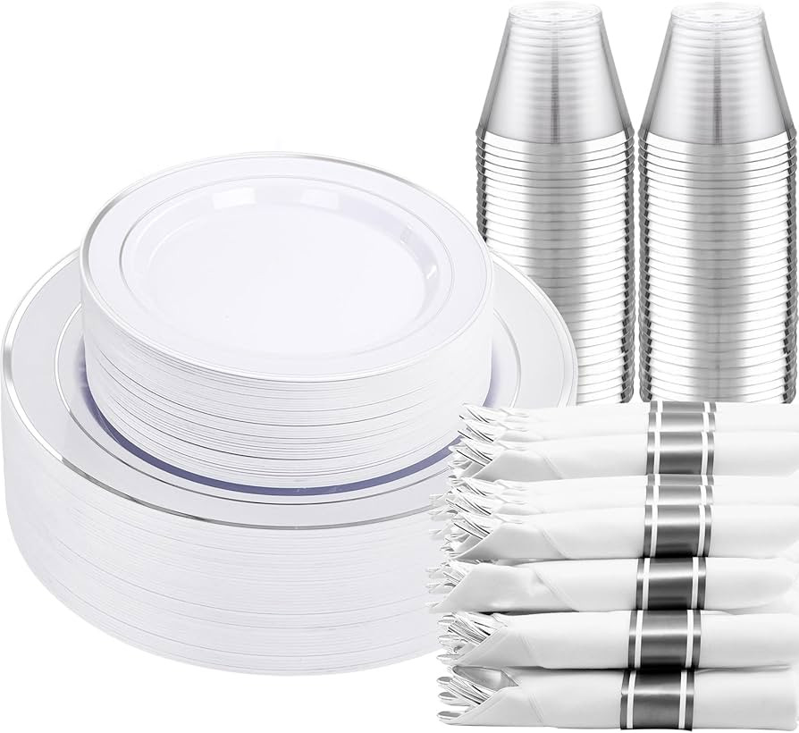 DaYammi 210PCS Silver Plastic Dinnerware Set for 30 Guests, Fancy Disposable Plates for Party, In... | Amazon (US)