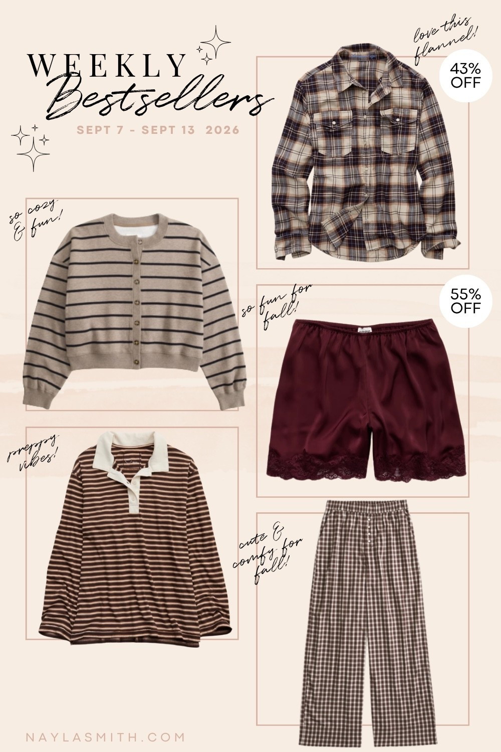 Weekly Bestsellers! Striped sweatshirt cardigan (I wear L), plaid flannel shirt (sized up to XL for oversized fit), burgundy satin lace shorts (I wear M), gingham wide leg pants (I wear M), striped polo shirt (I wear L)

#LTKfall #LTKsale #LTKstyletip