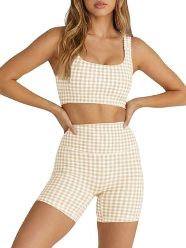 Aoysky Womens Workout Gingham 2 Piece Outfits Padded Open Back Crop Tank High Waist Sports Shorts... | Amazon (US)