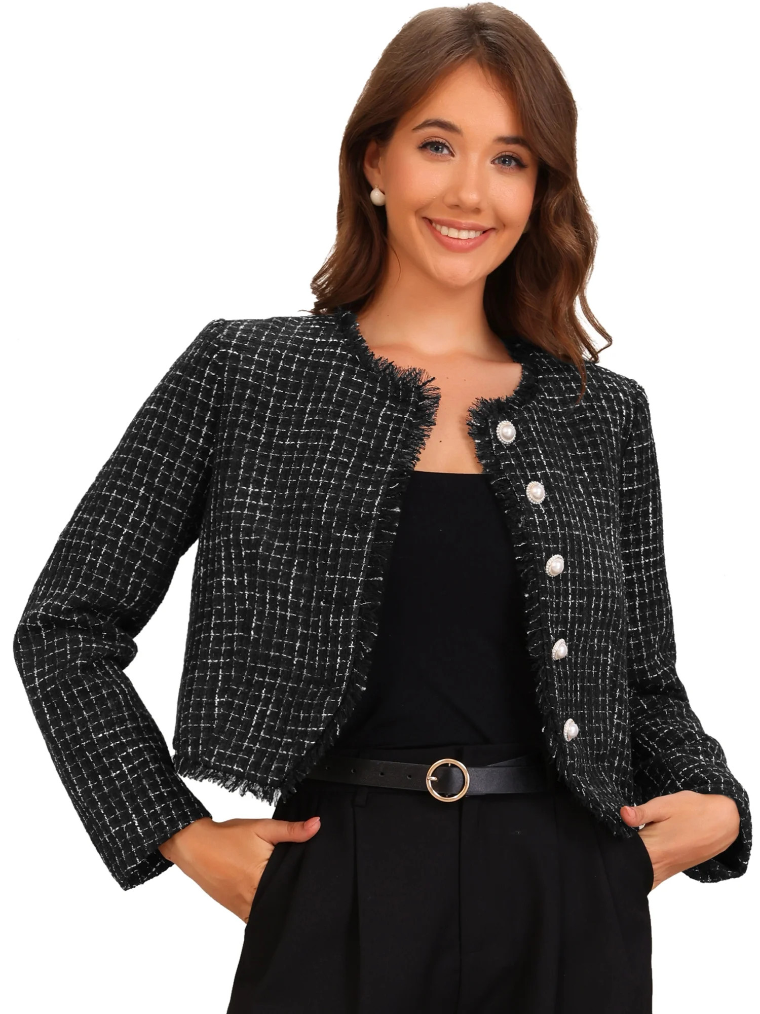 DARING DIVA Women's Plaid Tweed Cropped Button Up Elegant Work Jackets XS Black | Walmart (US)