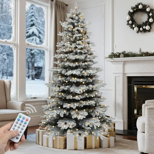 GOOBED 7.5FT Pre-Lit Flocked Spruce Christmas Tree with 550 Lights & 1278 Tips, Pre-Decorated Mountain Pine Layered Spruce Christmas Tree w/Remote, 11 Modes & 3 Timers for Home, Porch & Holiday Decor | Amazon (US)