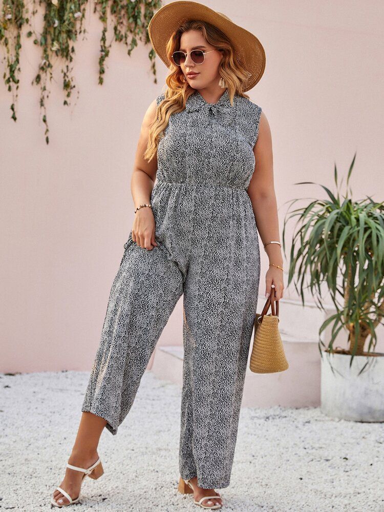 Plus Allover Print Tie Neck Jumpsuit | SHEIN