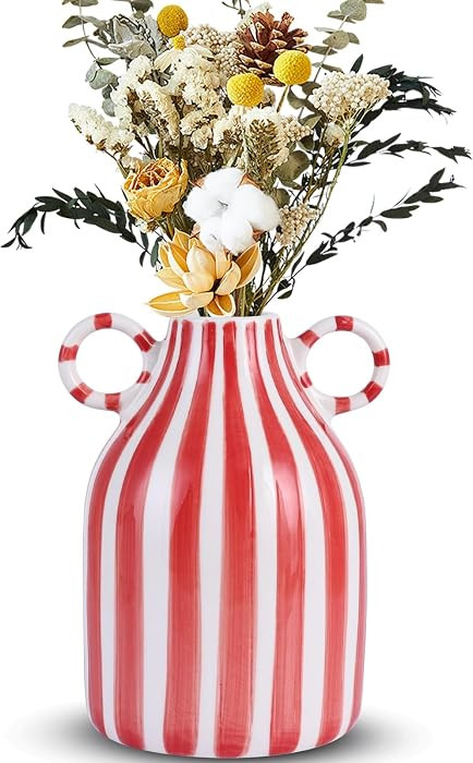 Red and White Ceramic Vase, Mid Century Modern Striped Small Vases for Flower&Pampas Grass Center... | Amazon (US)