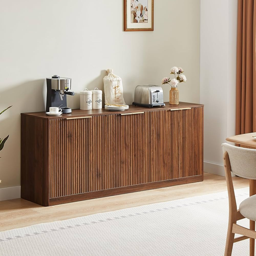 67" Walnut Fluted Sideboard Buffet Cabinet with Storage, Large Buffet Cabinet with 6 Doors, Wood ... | Amazon (US)