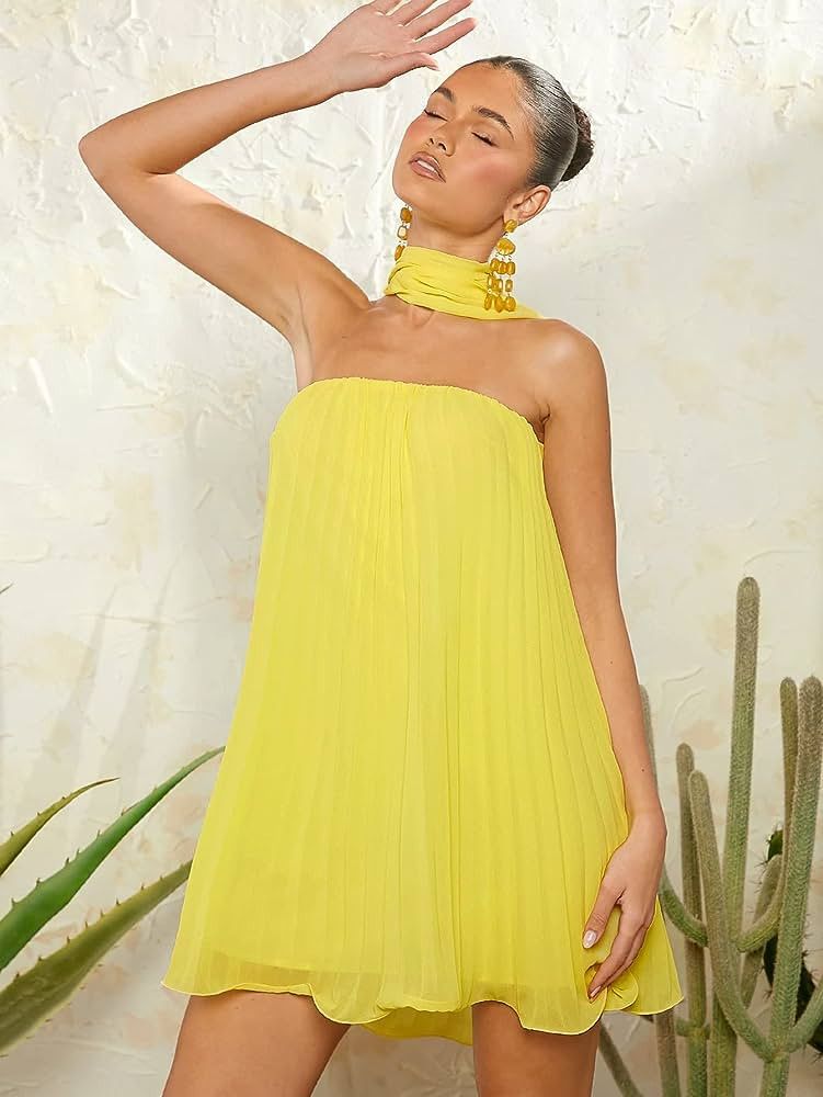 CROOFF Dresses for Women Solid Pleated Halter Dress (Color : Yellow, Size : Medium) | Amazon (US)