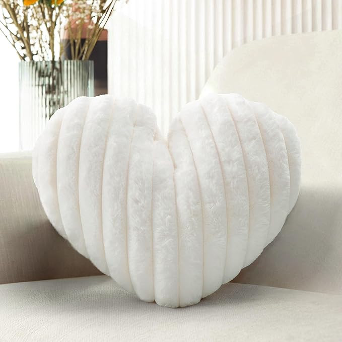 16 Inch White Heart Pillow Cute Decorative Throw Pillows, Heart Shaped Soft Fluffy Faux Fur Pillo... | Amazon (US)