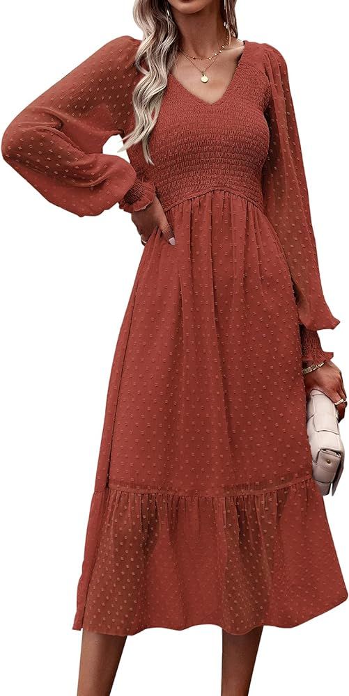 PRETTYGARDEN Women's Spring Dresses 2024 Long Sleeve V Neck Swiss Dot Empire Waist Chiffon Dress ... | Amazon (US)