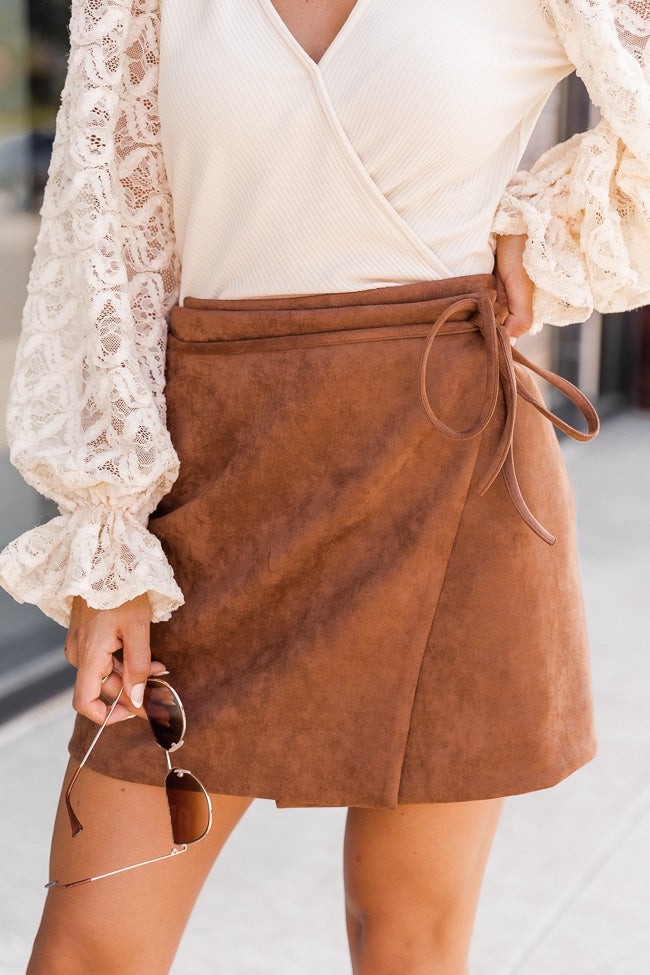 Other Half Of Me Brown Tie Waist Suede Skirt | Pink Lily