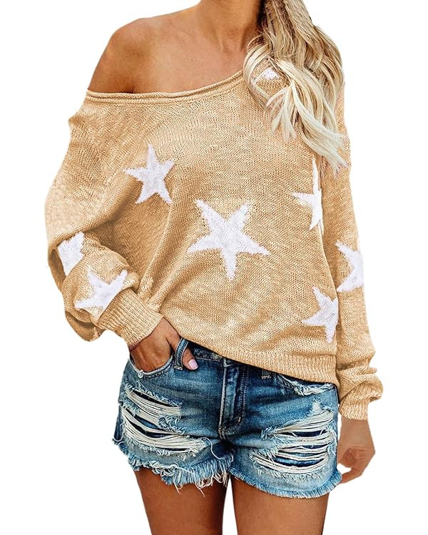 COCOLEGGINGS Women's Scoop Neck Long Sleeve Star Pullover Sweater Tunic Tops | Amazon (US)