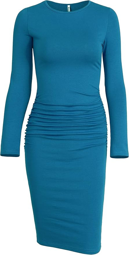Missufe Women's Long Sleeve Ruched Casual Sundress Midi Bodycon Sheath Dress | Amazon (US)
