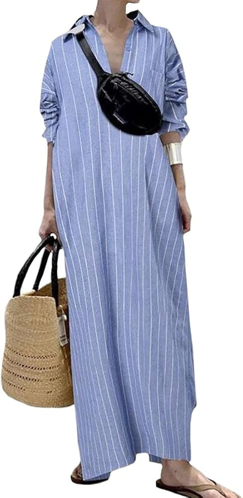 Women's Casual Long Sleeve Maxi Dress Button Down Dress for Women Loose Striped Dress for Women C... | Amazon (US)