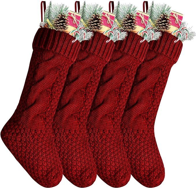 Kunyida Pack 4,18" Unique Burgundy Knit Christmas Stockings | Amazon (US)