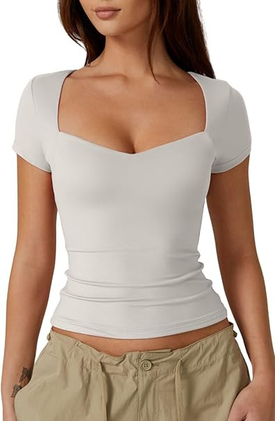 QINSEN Womens Sweetheart Neck Short Sleeve T Shirts Slim Fit Basic Tee Trendy Crop Top | Amazon (US)