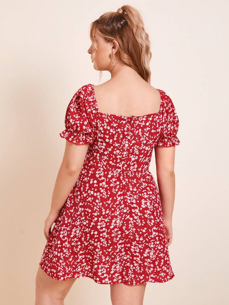 Plus Ditsy Floral Tie Front Milkmaid Dress | SHEIN