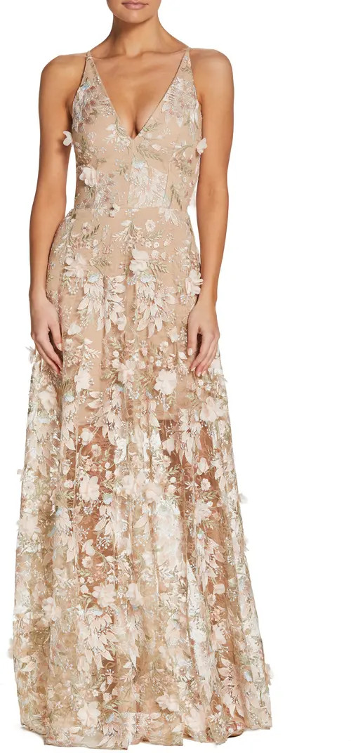 Sidney Deep V-Neck 3D Lace Gown | Nordstrom