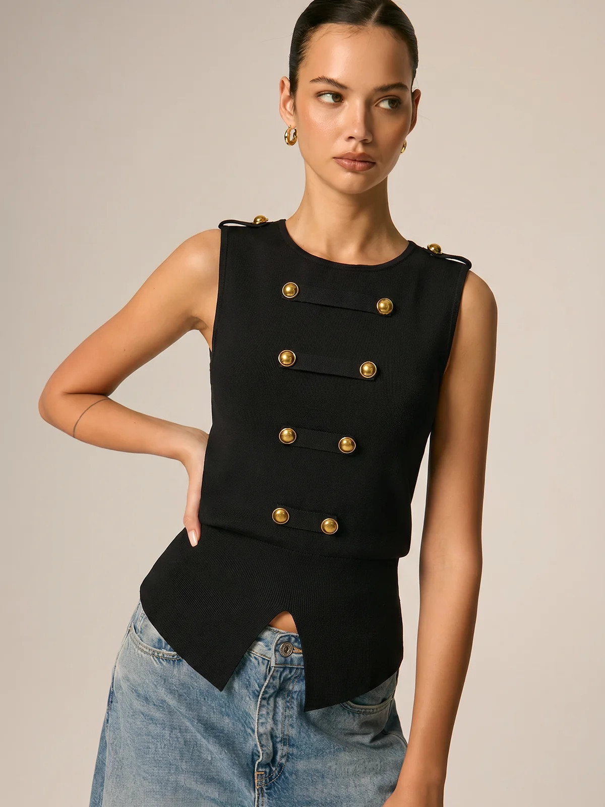 Metal Detail Napoleon Style Knit Vest | Commense