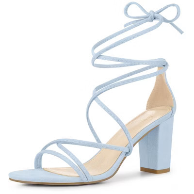 Perphy Women's Faux Suede Open Toe Lace Up Strappy Chunky Heel Sandals Sky Blue 8.5 | Target