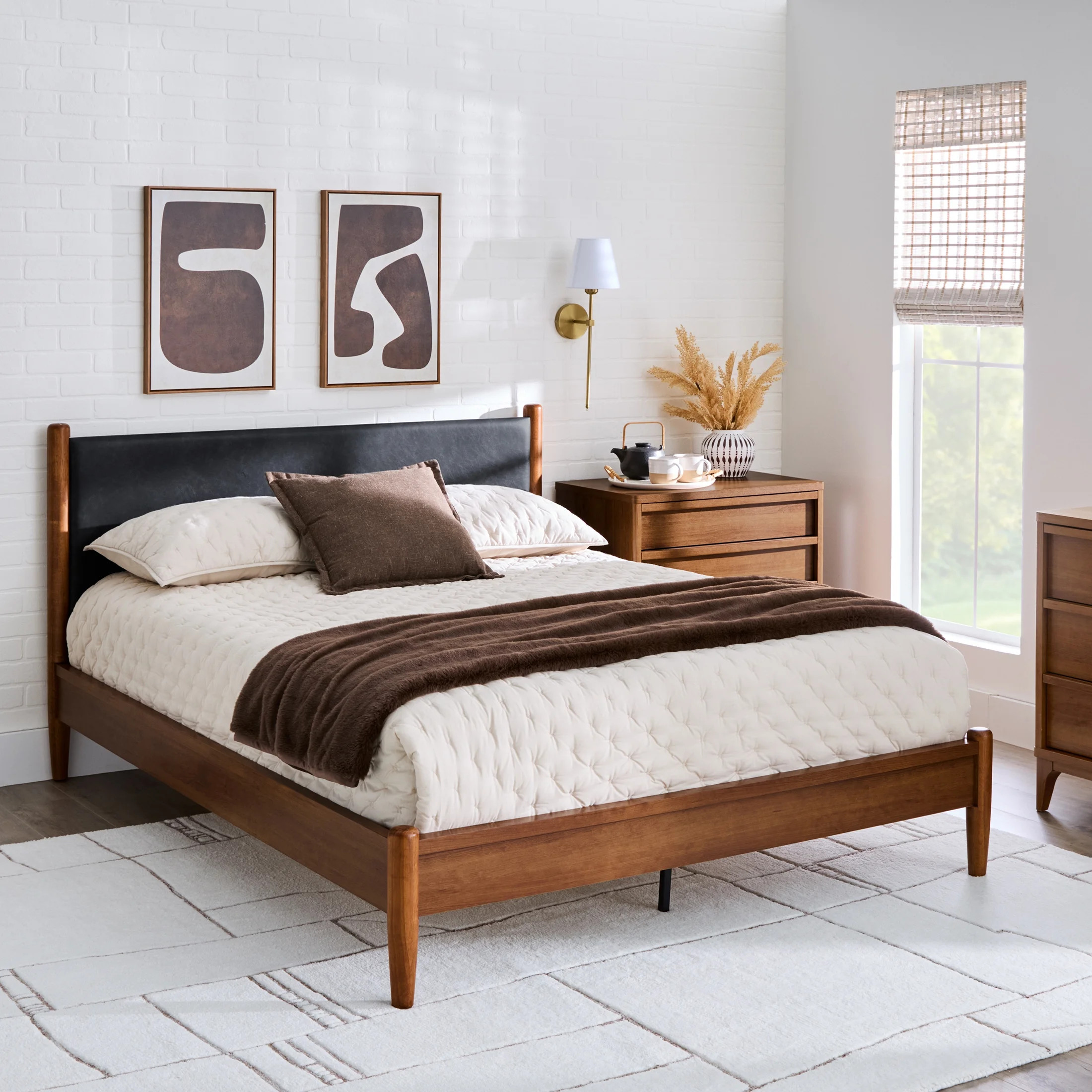 Better Homes & Gardens Greyson Queen Platform Bed, Black Faux Leather and Acorn Finish | Walmart (US)