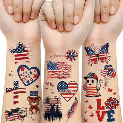 Independence Day Temporary Tattoos, 117 Sheets 4 of July American Patriotic Fake Tattoo, USA Flag Eagle Butterfly Cross Tattoo Designs for Adults and Kids | Amazon (US)