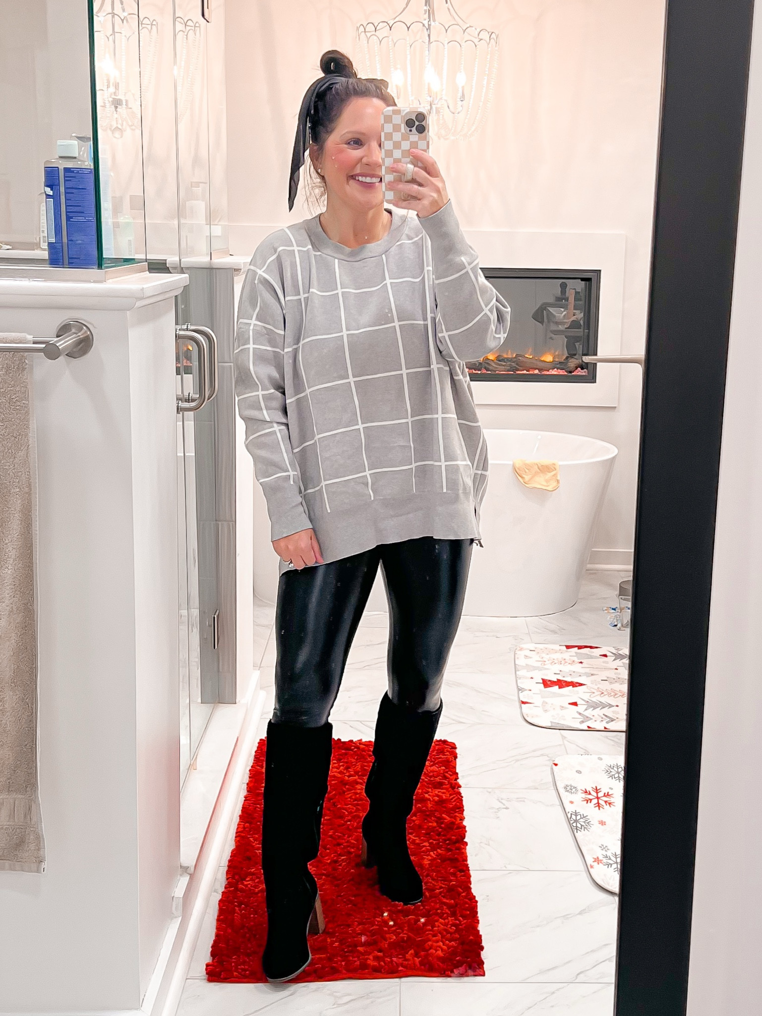 My go to winter look. Leather leggings + a sweater. Cannot go wrong! 

Leggings true to size. Good stretch. Wearing a small. 
Sweater is an XL to cover the front and back  

#LTKCyberWeek #LTKFindsUnder50 #LTKSeasonal