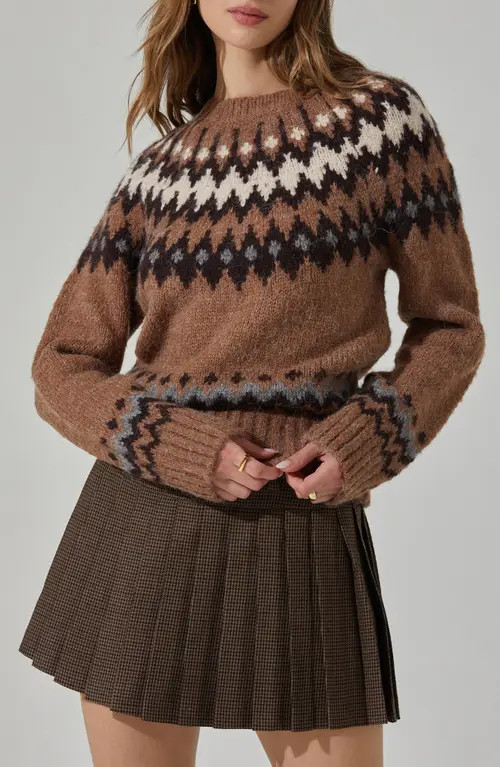 ASTR the Label Feyre Fair Isle Crewneck Sweater in Brown at Nordstrom, Size Small | Nordstrom
