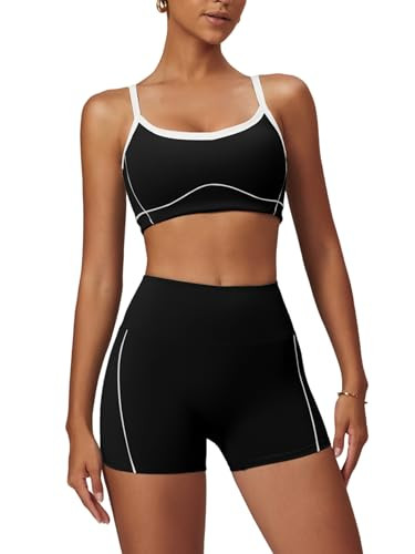 OMEWEE Yoga sets for women 2 piece Fashion contrasting lines Sports Bra and Tummy Control Butt-lifting Shorts Deep Black S | Amazon (US)