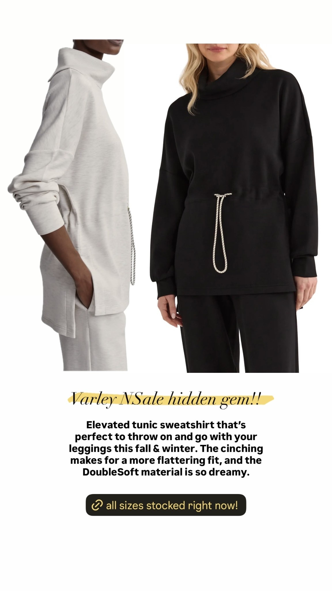 Varley NSale hidden gem!! Elevated tunic sweatshirt that’s perfect to throw on and go with your leggings this fall & winter. The cinching makes for a more flattering fit, and the DoubleSoft material is so dreamy.