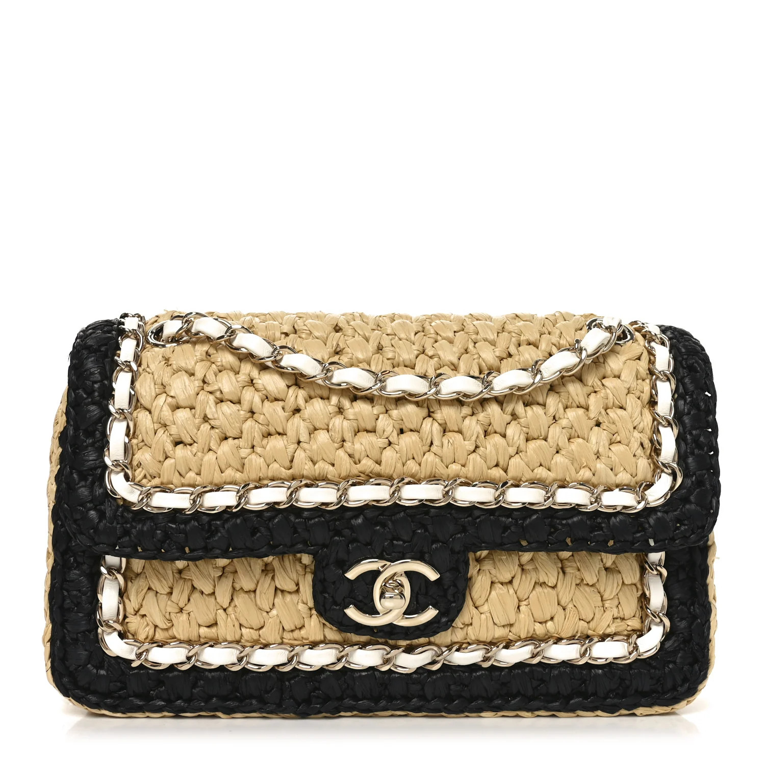 Raffia Chain Venice Beach Flap Bag Beige Black | FASHIONPHILE (US)